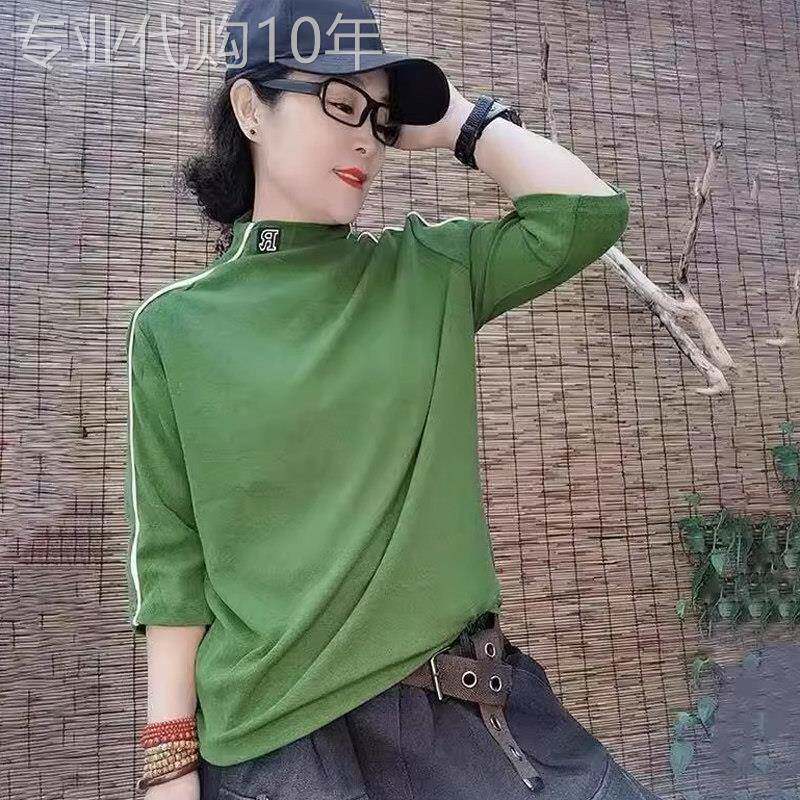 纯棉半高领打底衫女夏季新款欧货网红爆款中袖T恤显瘦遮肉上衣服