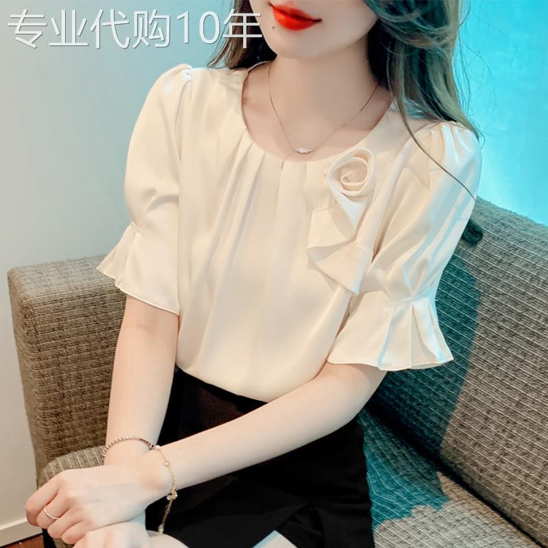 egmg荷叶边短袖雪纺衫女夏季2026新款轻奢别致洋派小衫百搭上衣女