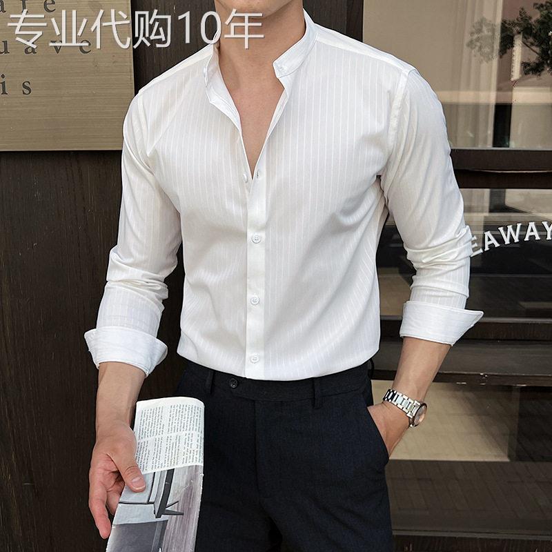 新中式立领条纹衬衫男长袖夏季新款商务休闲潮流百搭帅气修身衬衫