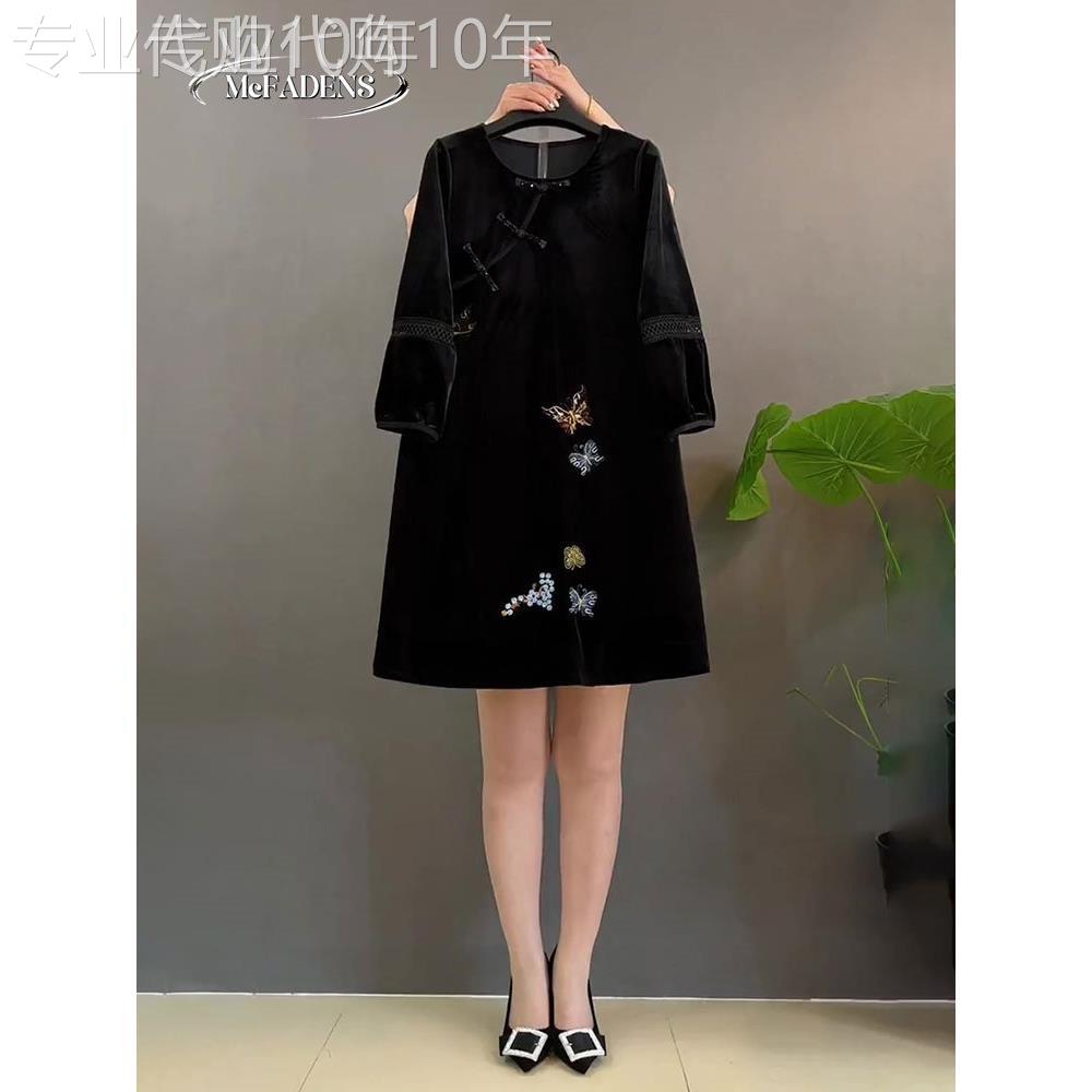 香港中国风覆古丝绒绣花扣旗袍加码女士胖mm早春新款宽松连衣裙