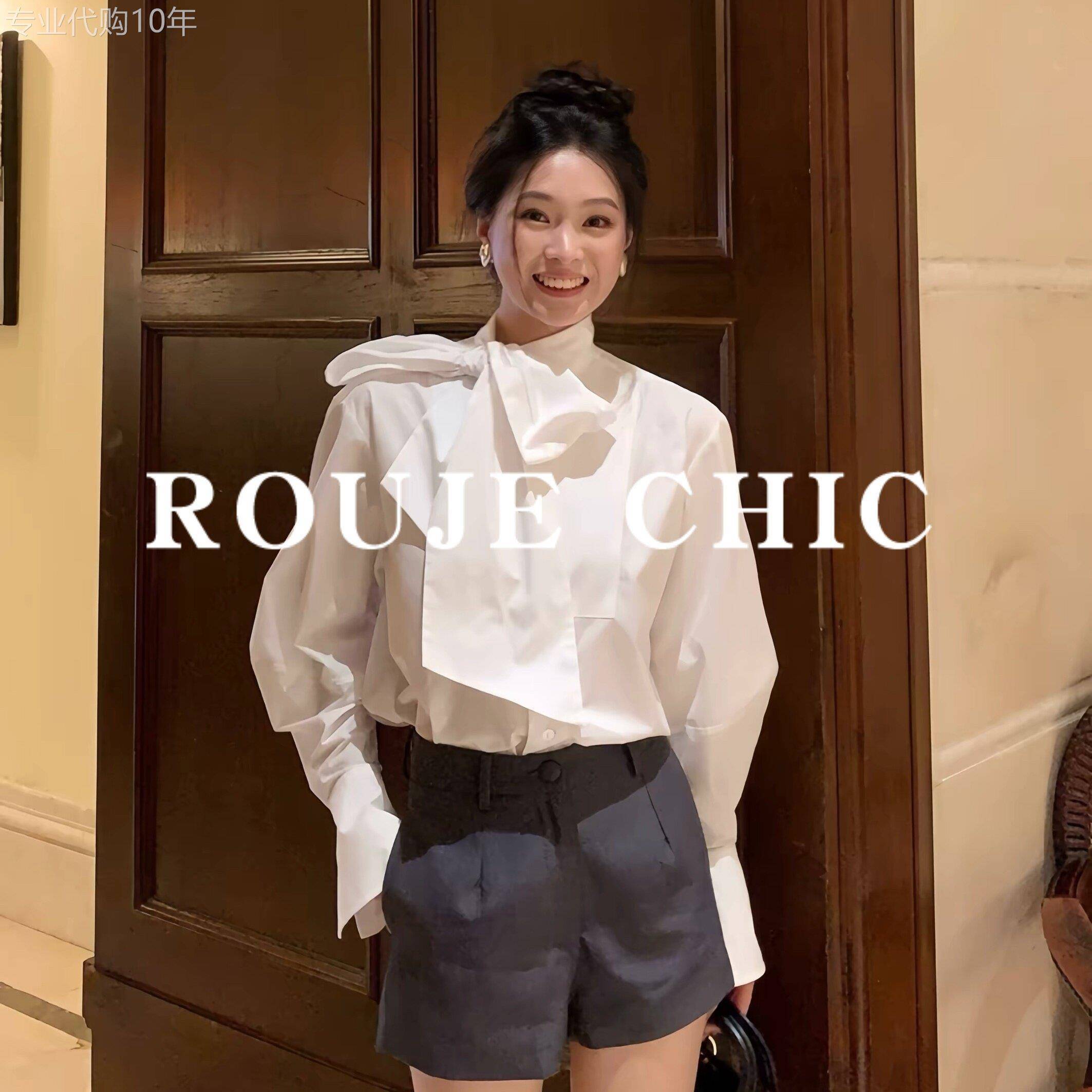 法国rouje chic法式温柔风大蝴蝶结飘带衬衫女早春立领泡泡袖上衣