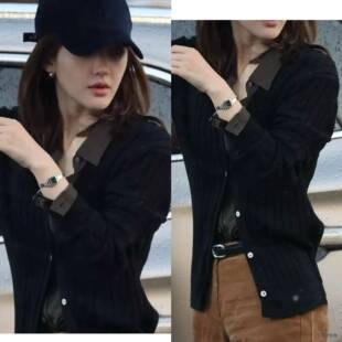 赵露思同款韩系棕色Polo领长袖衬衫女秋季黑色抗条修身针织衫上衣