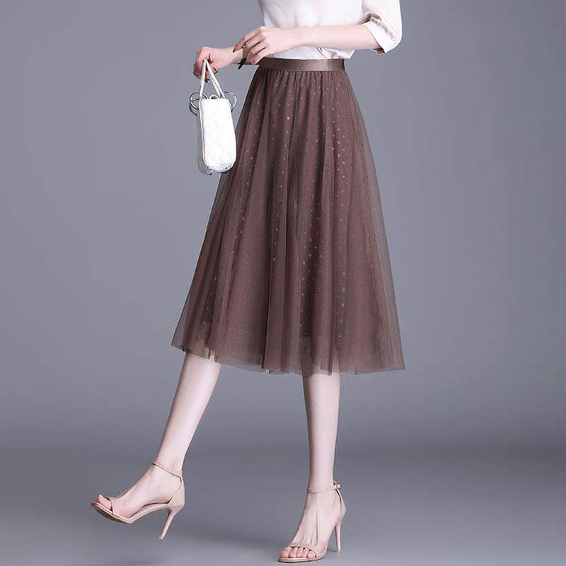 网纱半身裙女夏2025新款高腰中长版a字裙春季小个子垂感百褶纱裙