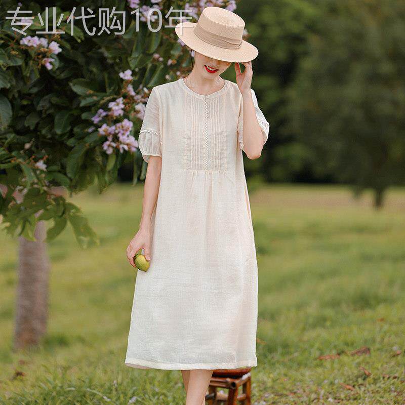 品牌高端纯苎麻杏色连衣裙2025新款女装气质文艺复古棉麻裙子夏季