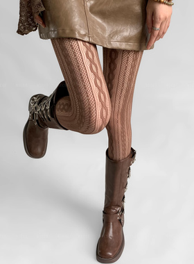 奈丝:复古条纹渔网袜女法式高级设计感连裤棕色玫瑰镂空小众御姐