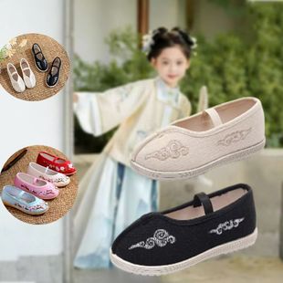 新款春秋汉服鞋男童防滑软底舒适透气单鞋中国风绣花古装演出单鞋