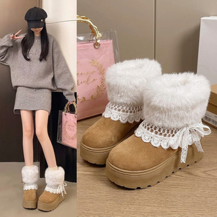 冬季复古厚底保暖花边雪地靴女蝴蝶结短筒加绒毛毛棉靴网红雪地棉