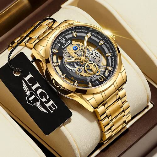 2026 LIGE Men Watch Skeleton Automatic Quatz Watch Gold