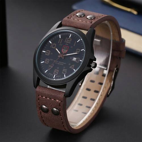 Casual Leather Strap Number Dial Quartz WristwatchMen