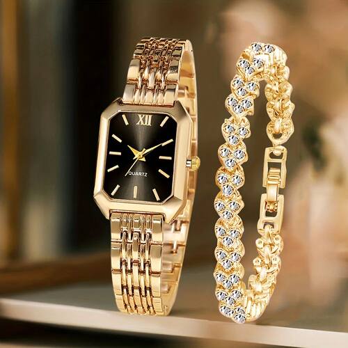 2PCSRectangle Women Quartz Watch Rhinestone Bracelet Set