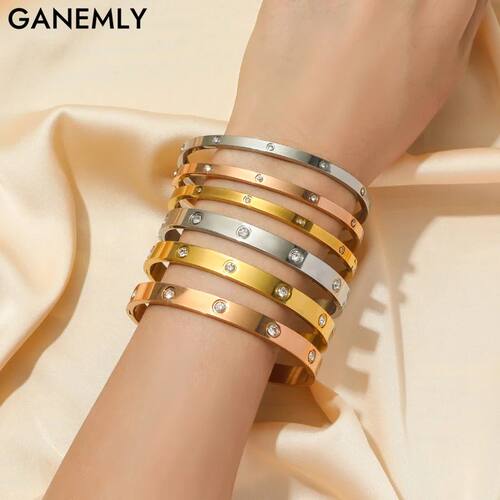 GANEMLY 316L Stainless Steel Zircon Bangle Bracelet For