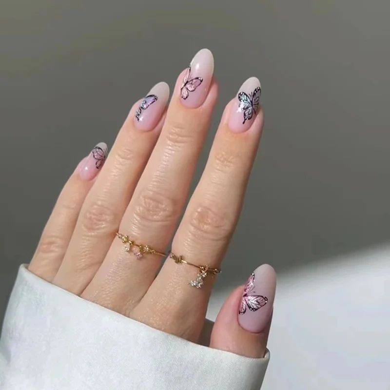 24Pcs Fake Nails With Jelly Glue Full Cove Nail Tips Pess