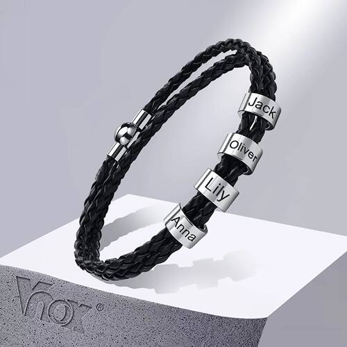 Vnox Free Name Mens Braided Genuine Leather Bracelet Gifts
