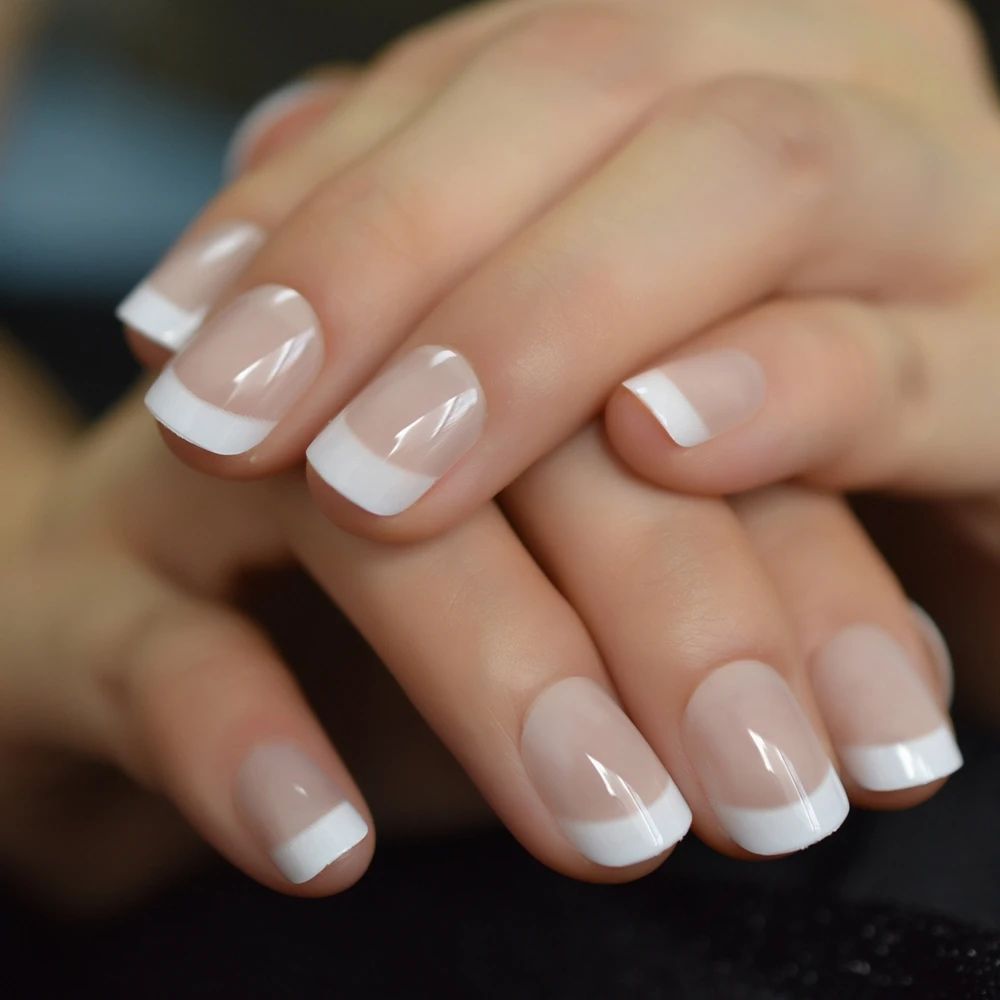 Fench Style Fake Nails Natual Nude White Tip Glossy Pess On