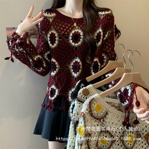 Design Sense Color Tassel Crochet Hollow Sweater Women's