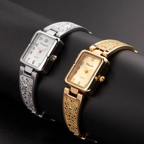 Top Brand Luxury Gold Sliver Square Quartz Metal Bracelet