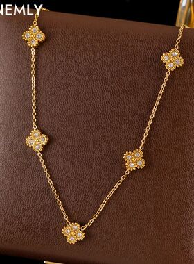 GANEMLY 316L Stainless Steel Clover Flower Zircon Necklace