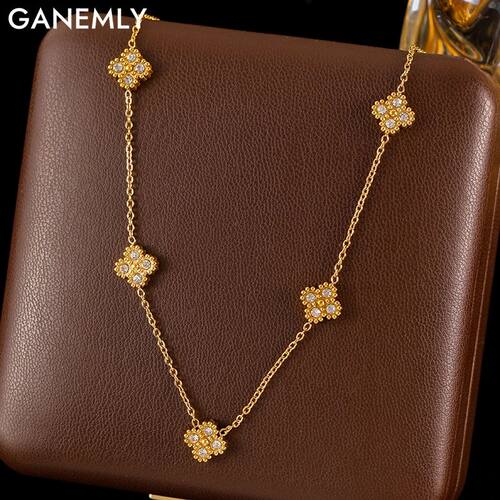 GANEMLY 316L Stainless Steel Clover Flower Zircon Necklace