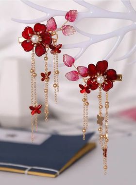 1pair Chinese Hanfu Hair Accessories Red Flower Hairp