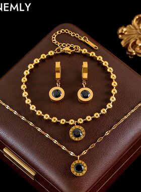 GANEMLY Roman Black Zircon Necklace Bracelet Earrings Set