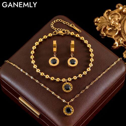 GANEMLY Roman Black Zircon Necklace Bracelet Earrings Set