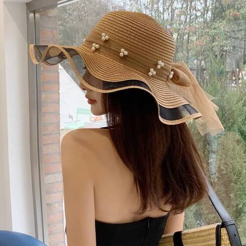 New Style Woman Straw Gauze Joint Bow Ribbon Large Brim