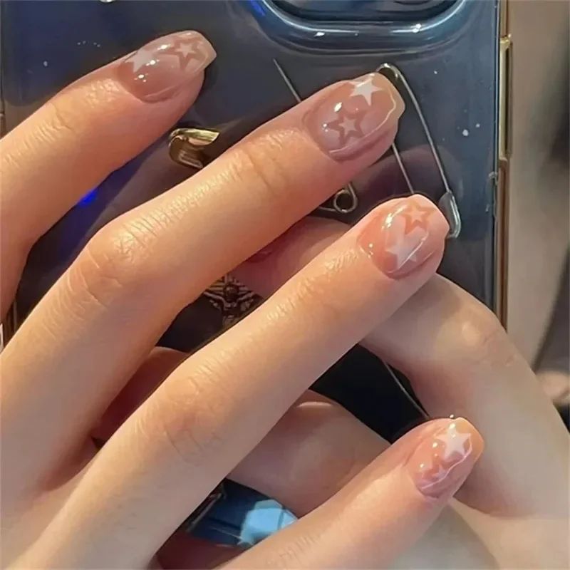 24pcs Cute Sta Pinted Design Fake Nail Shot Squae Faux