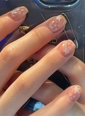 24pcs Cute Sta Pinted Design Fake Nail Shot Squae Faux