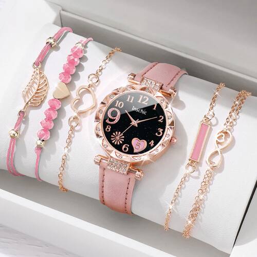 6PCS/SetHeart Dial Women's Watch Casual Leather Band Analog