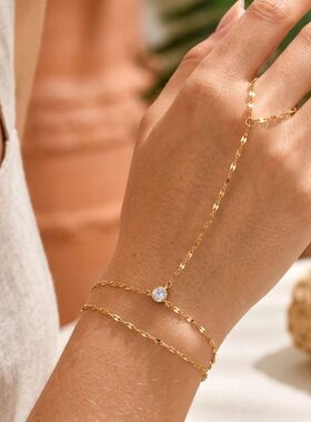 Stainless Steel Hand Chain Ring Bacelet fo Women, Gold