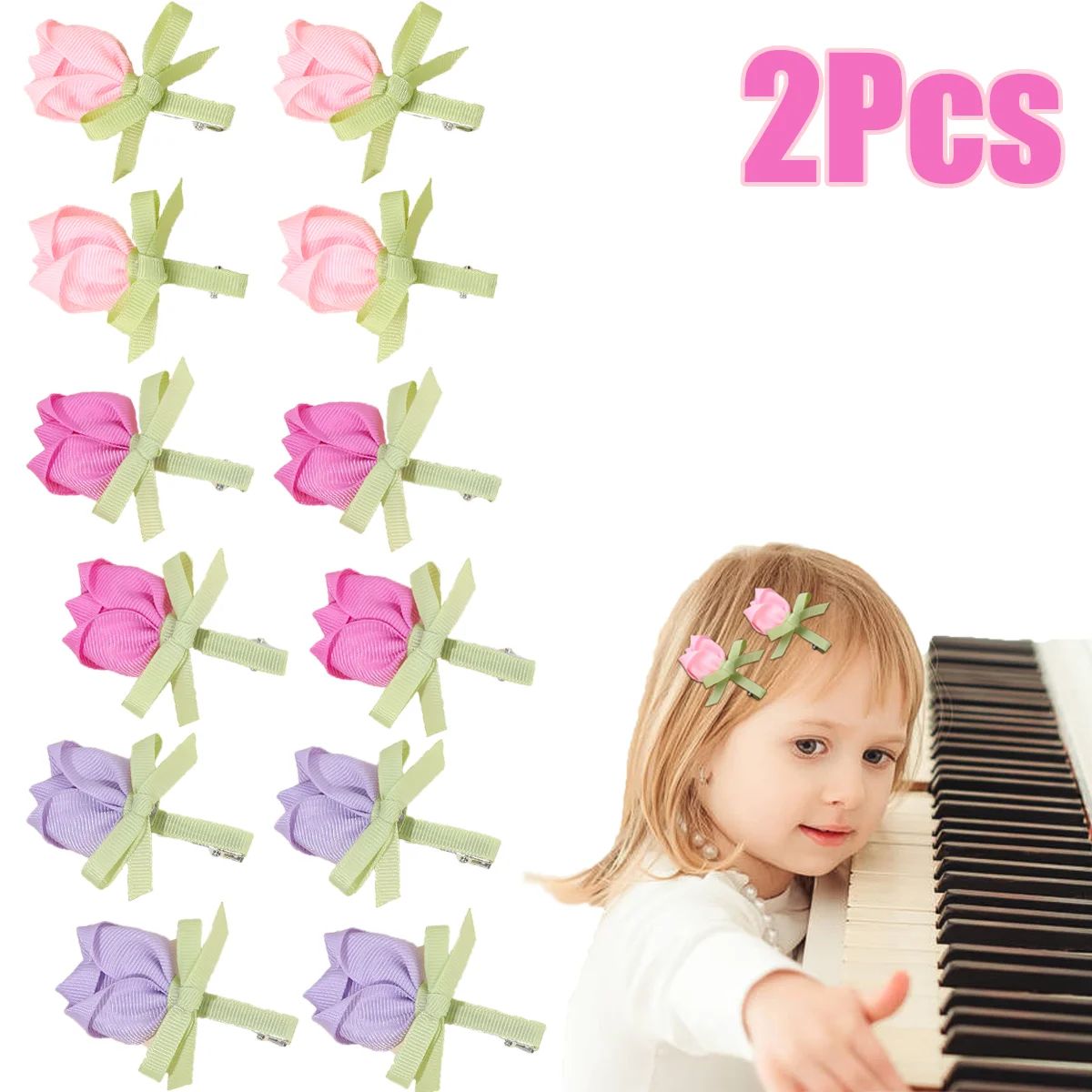 2Pcs Tulip Floral Hair Clips 3D Flower Ribbon Bow Hairpin