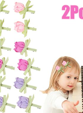 2Pcs Tulip Floral Hair Clips 3D Flower Ribbon Bow Hairpin