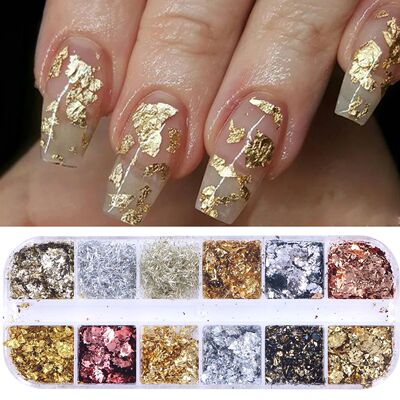 12 Gids Gogeous Spakly Gold Leaf Nail At Glitte Flakes