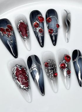 10Pcs Glitte Black Handmade False Nails At with Sta