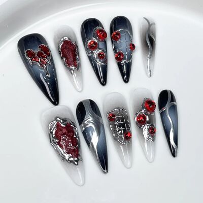 10Pcs Glitte Black Handmade False Nails At with Sta