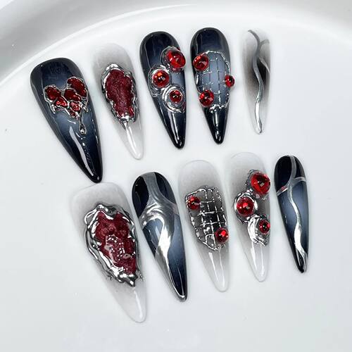 10Pcs Glitte Black Handmade False Nails At with Sta