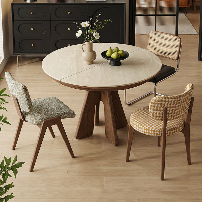 岩板餐桌可伸缩折叠中古风2026新款家用小户型实木圆桌可变椭圆桌