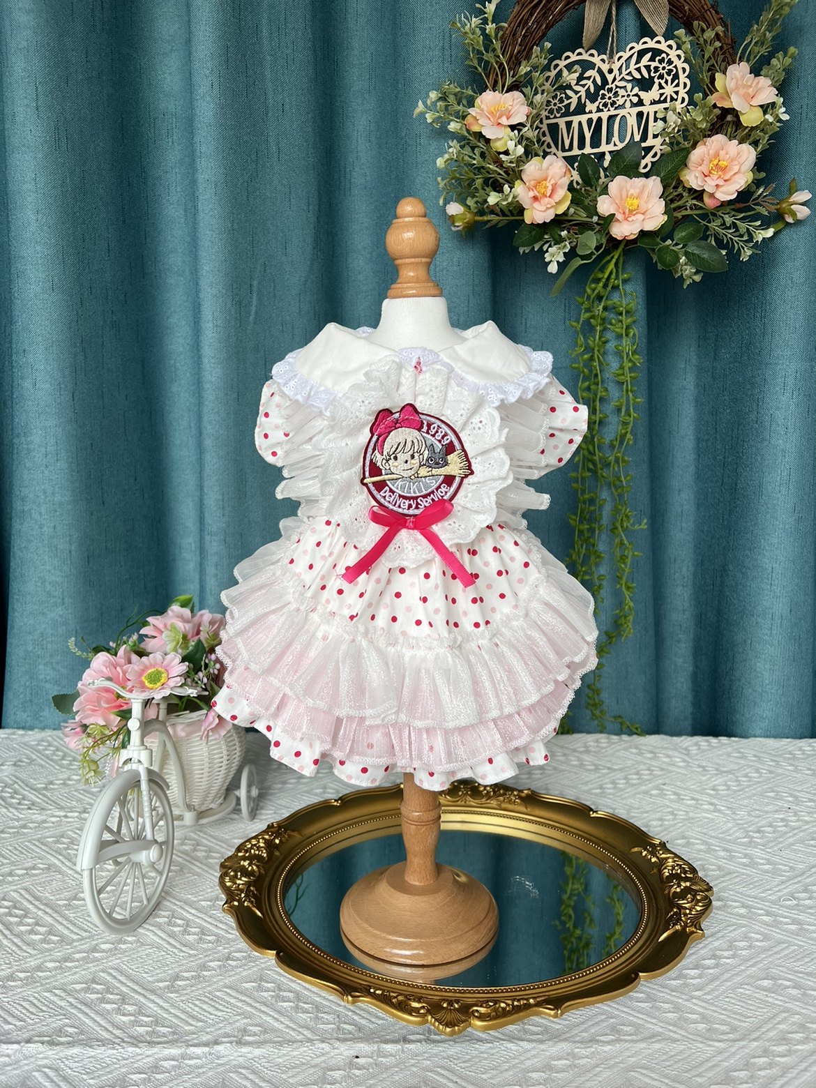 白底玫红点点裙洛丽塔甜美少女层层公主裙狗狗猫咪卡通图案蛋糕裙