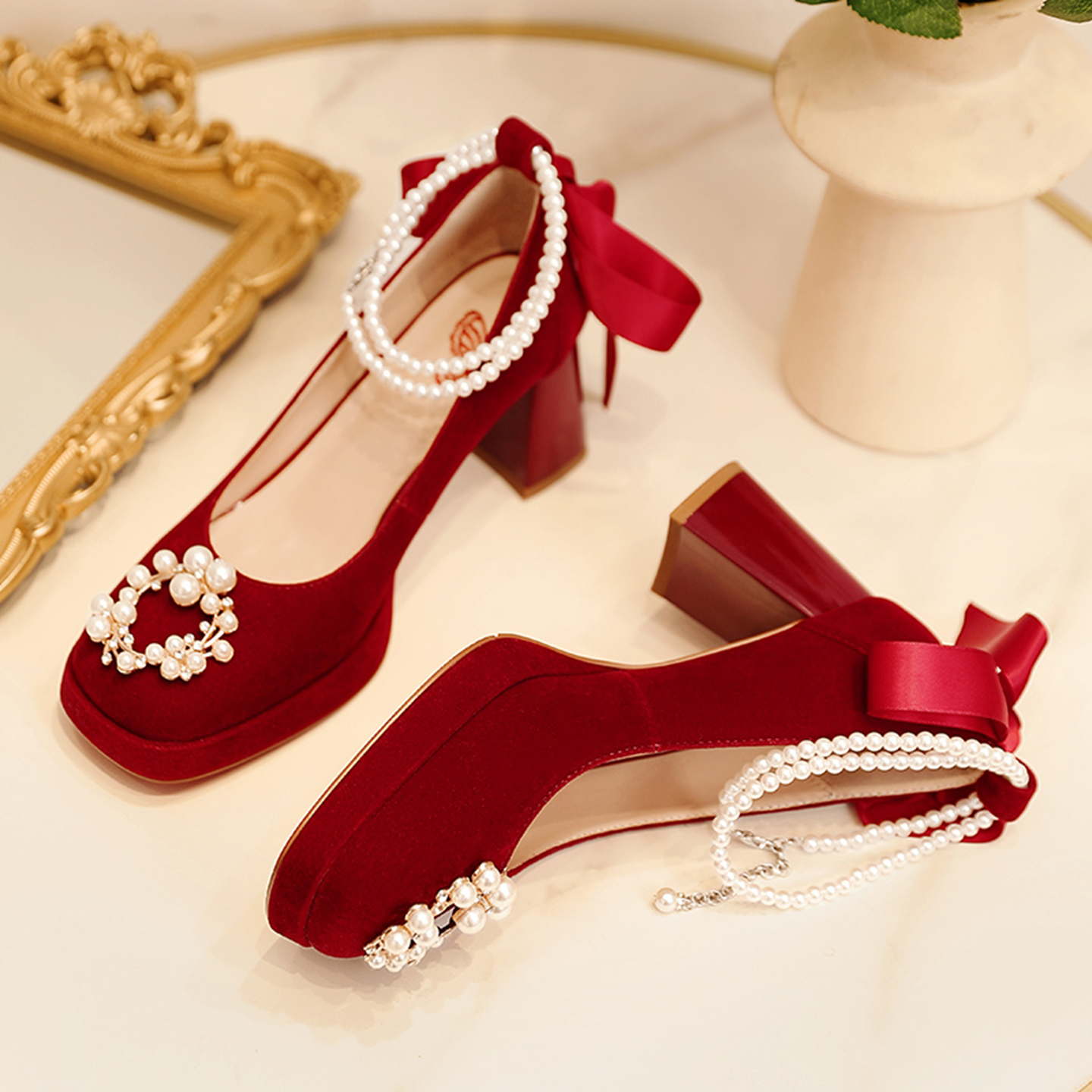 婚鞋女粗跟高跟圆头秀禾服结婚单鞋玛丽珍敬酒服新娘鞋红色伴娘鞋