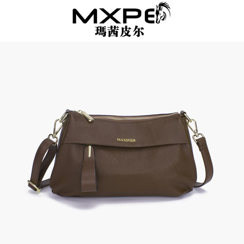 MXPE真皮女包2026新款简约风单肩斜挎包多层植鞣牛皮腋下包妈妈包