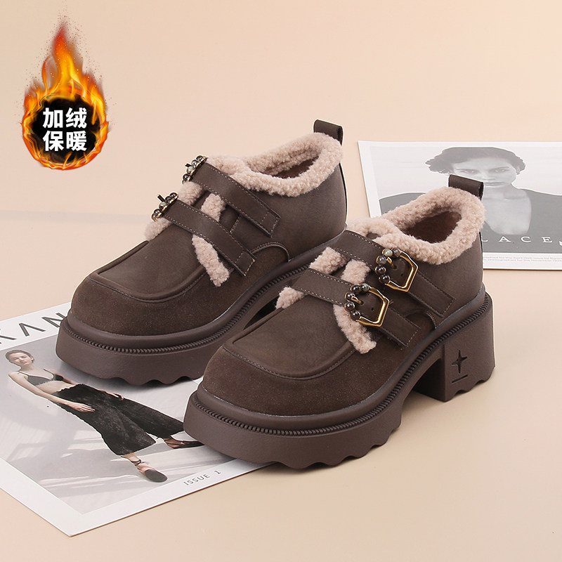 嘉俪多女韩版乐福鞋羊纹PU冬季薄绒深口圆头粗跟魔术贴2025新款,女鞋,乐福鞋（豆豆鞋）,淘宝优惠券,粉丝福利购,淘宝优惠卷