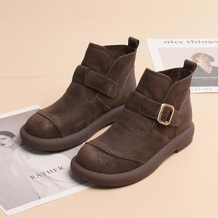 嘉俪多女鞋欧美短靴牛皮平跟春冬皮里一脚蹬圆头2025新款时尚