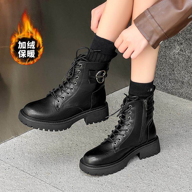 嘉俪多女鞋欧美短靴马丁靴PU冬季加绒粗跟系带拉链2025新款时尚