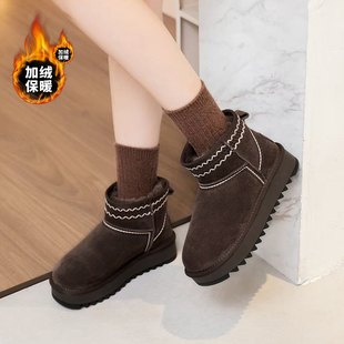 嘉俪多女鞋韩版短靴雪地靴牛反皮平底圆头冬季厚绒套筒2025新款