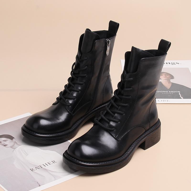 粗跟女鞋牛皮冬季马丁靴嘉俪多