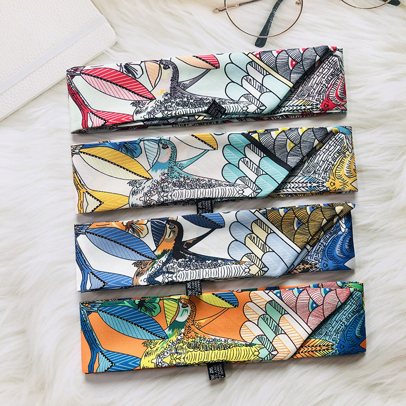 H家树之歌印花丝巾 仿真丝包包手柄绑带细窄长飘带女领巾发带围脖