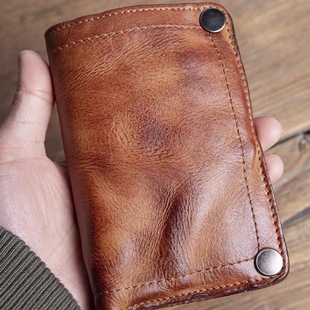 头层牛皮手工钱包真皮复古拉链男士耐用卡包大容量皮夹褶皱设计