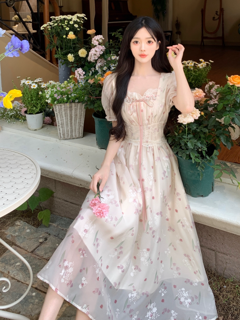 大码女装夏季法式方领提花仙女长裙子收腰显瘦短袖甜美雪纺连衣裙