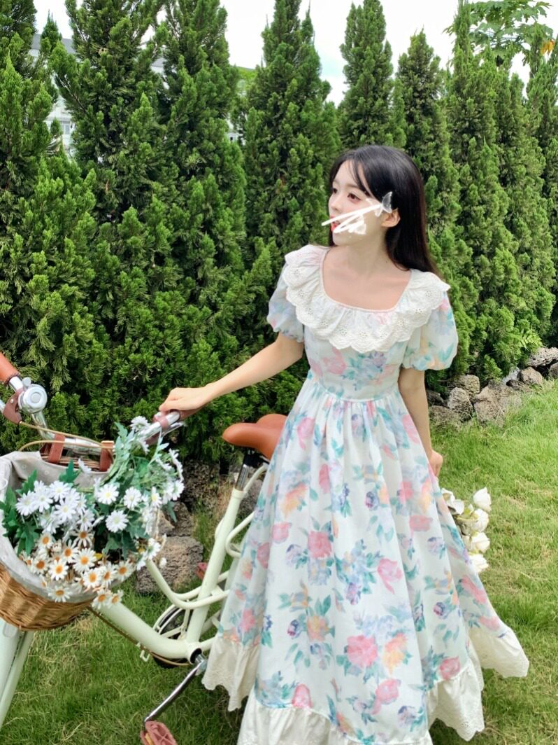 大码夏季桔梗法式碎花方领连衣裙大码连衣裙