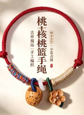 新中式平安扣手绳 红绳手链 桃核桃木男女本命年闺蜜礼物护身手串